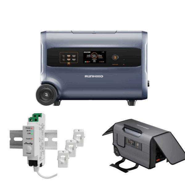 RUNHOOD F2400 3-in-1 Balkonkraftwerk Set mit 2400Wh Akku Set mit Shelly Pro 3EM 120A